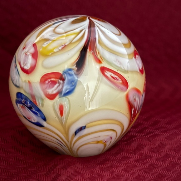 Vintage Murano Style Art Glass Swirl Millefiori Blue Red Yellow 4” Paperweight - Picture 2 of 9